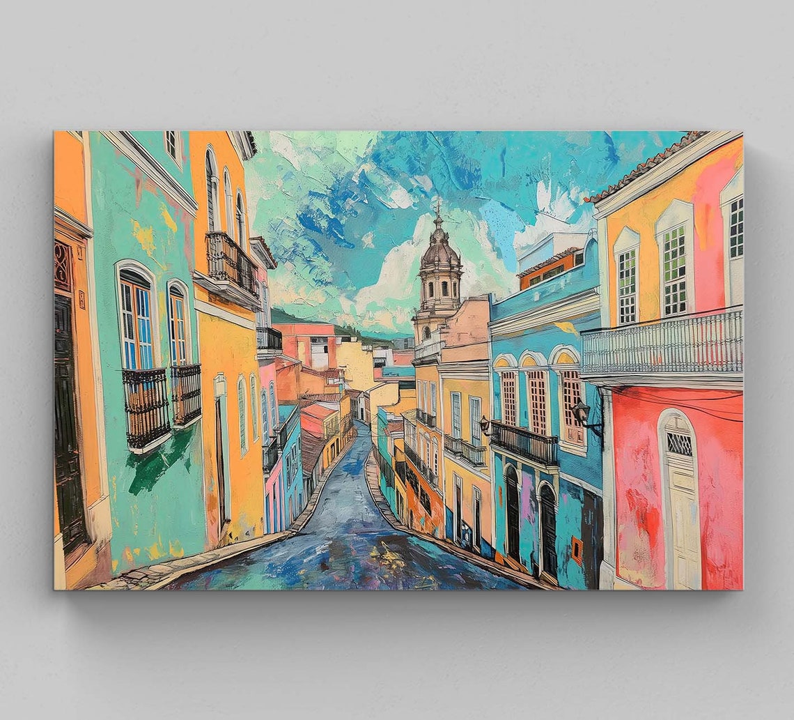 Streets Of Salvador Bahia Oil Painting Wall Art Brazilian Gift Brazilian Landscape Print Brazil Travel Poster Ready To Hang