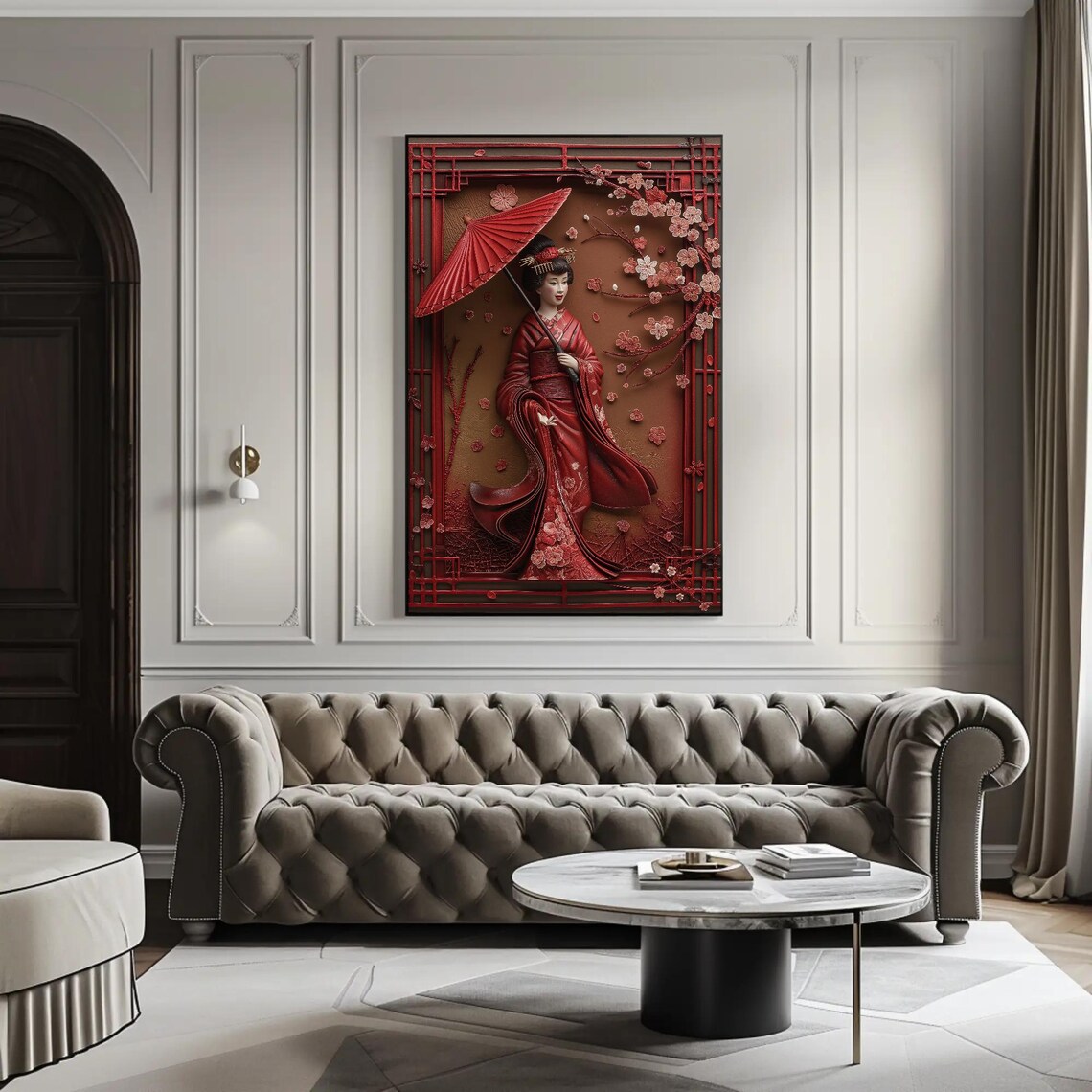 3D Japanese Geisha With Umbrella Art Print, Elegant - Image 2