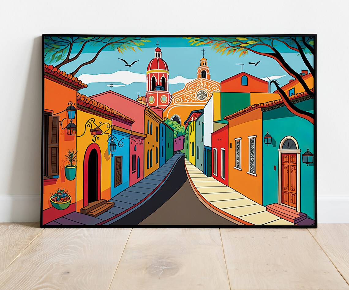 Mexican Village Painting, Colorful Mexican Wall Art - Image 2