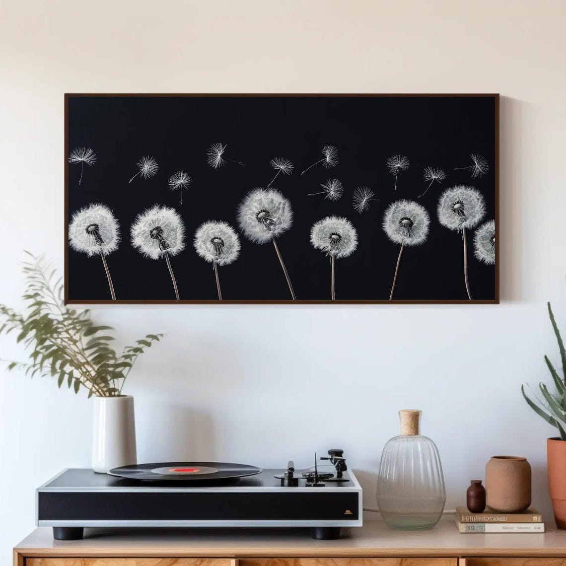 White Dandelions Black Background Panoramic Botanical Poster