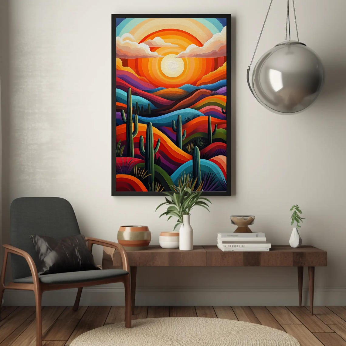 Bold Stylized Desert Sunset With Giant Saguaro Cacti Wall Art - Image 3