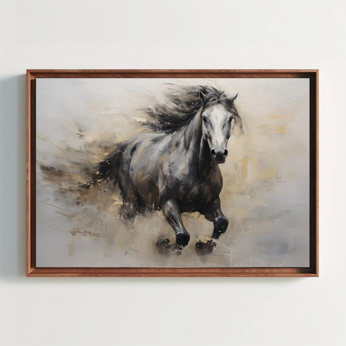 Galloping Gray Horse with Flowing Dark Mane in Abstract Style Poster