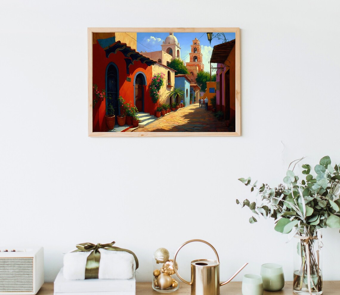 Mexican Village Scene, Colorful Traditional Art Print - Image 3