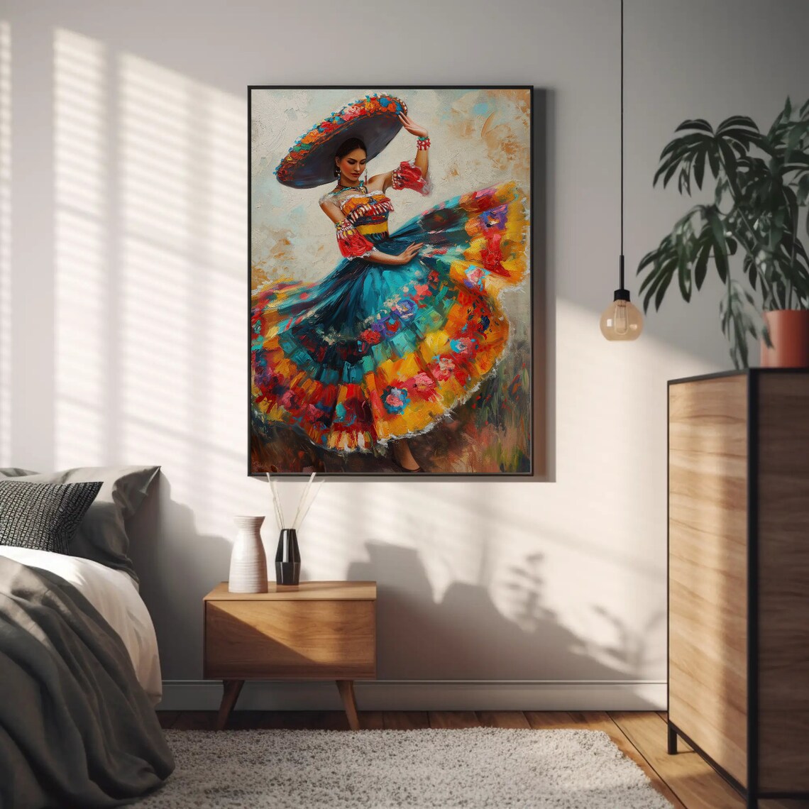Mexican Folkloric Dancer Oil Painting Poster Traditional Floral Dress - Image 4