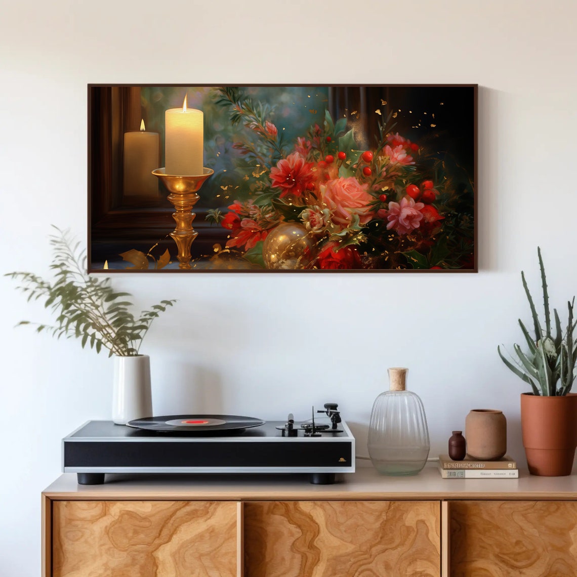 Christmas Candle and Red Rose Bouquet Festive Still Life Poster - Image 4