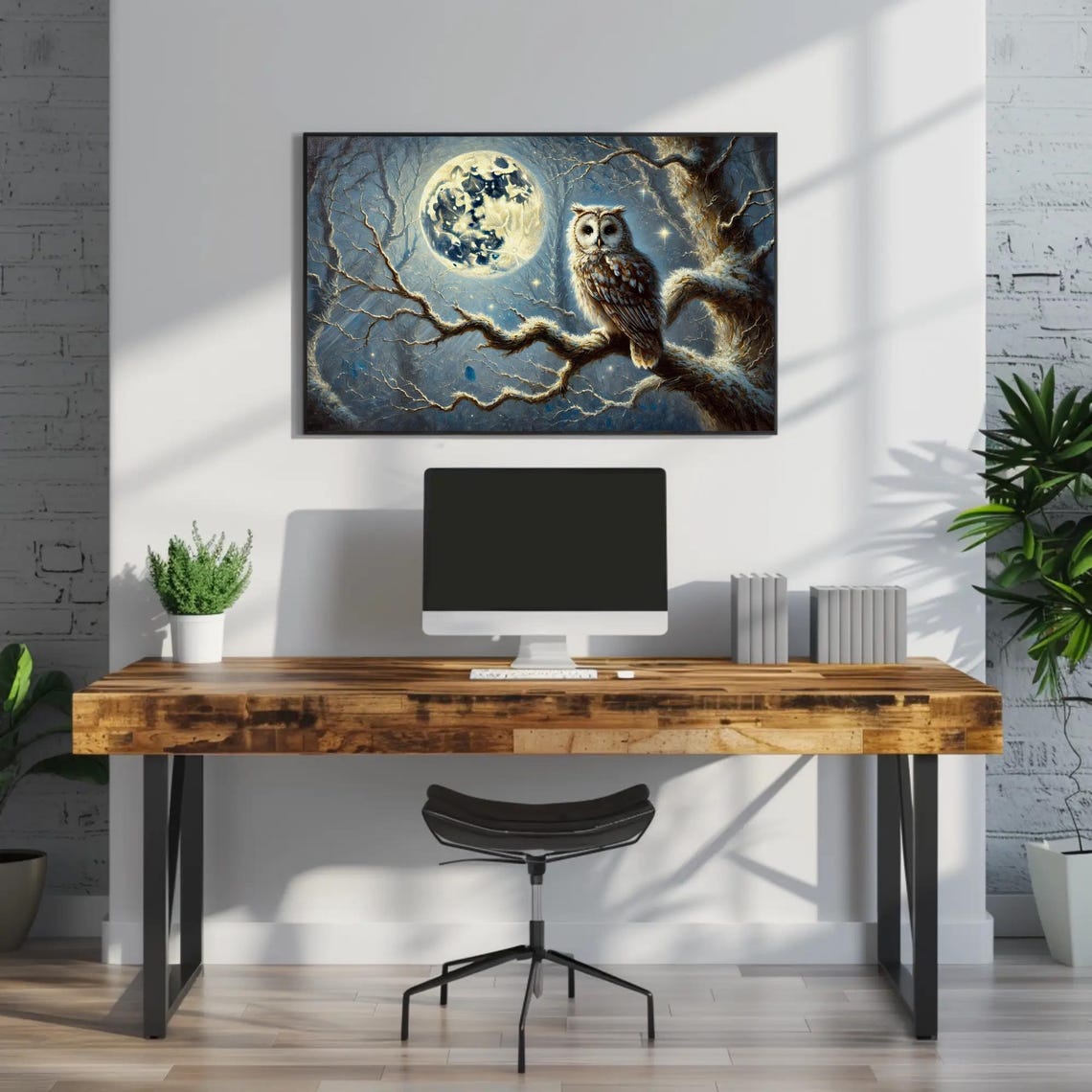 Wise Owl Perched On A Snowy Branch Beneath A Full Moon Poster - Image 3