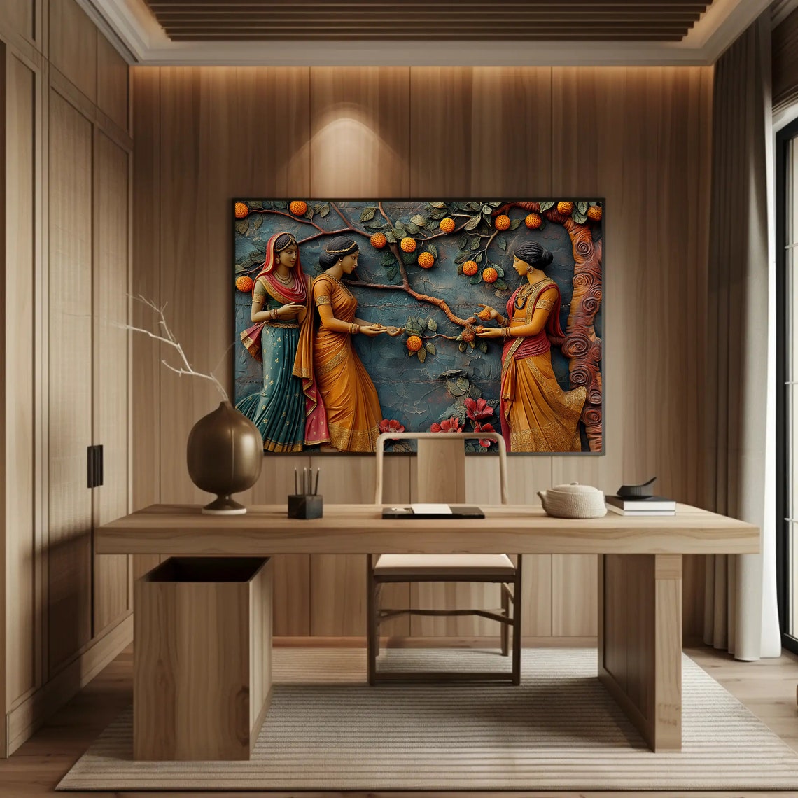 Indian Women Under Orange Tree 3D Sculpture Relief Style Poster - Image 3
