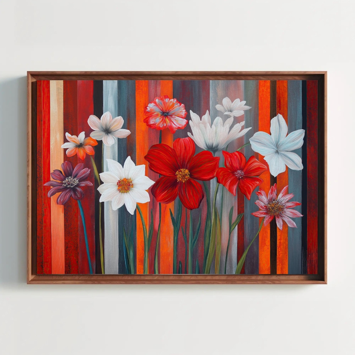 Red White And Orange Flowers On Striped Modern Floral Poster
