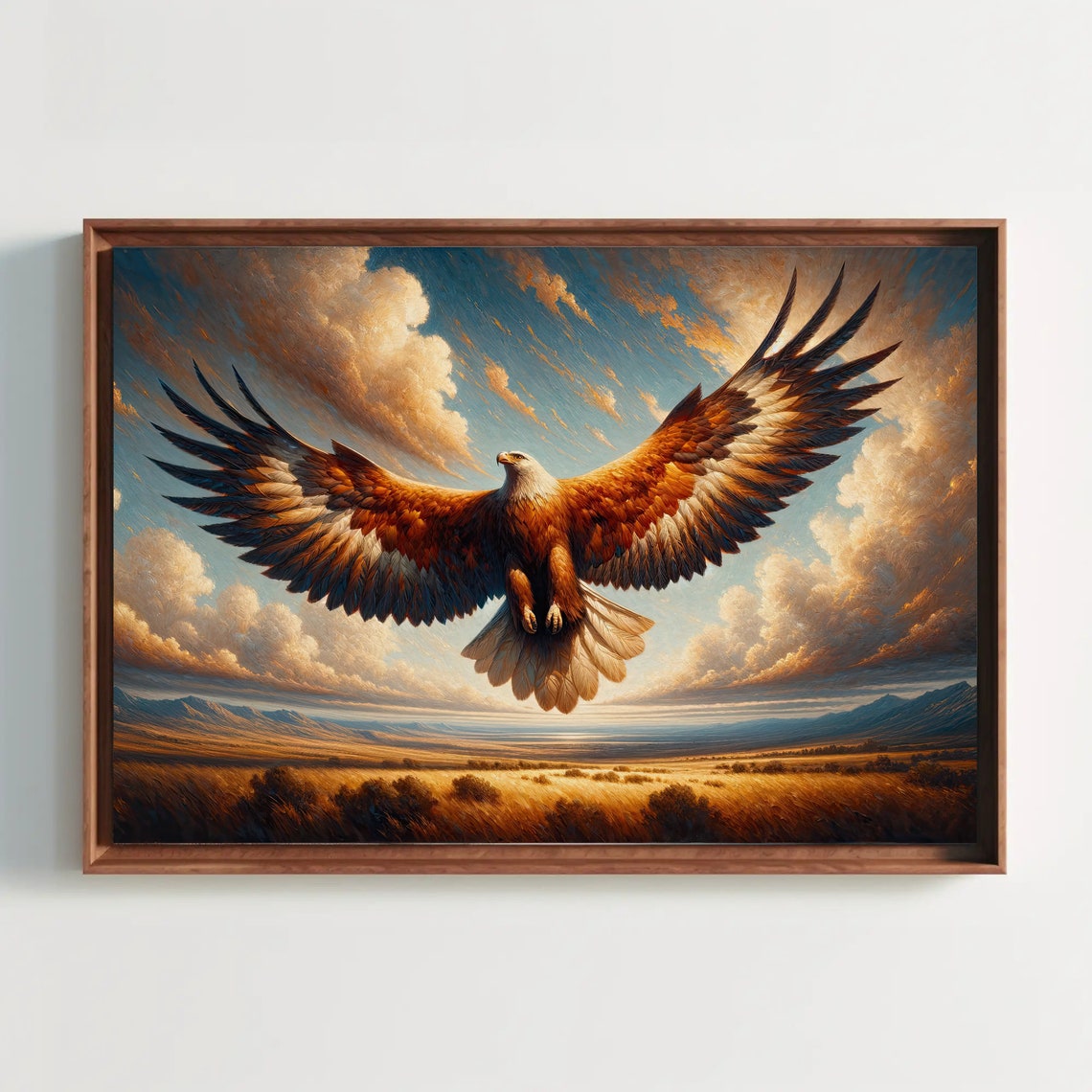 Majestic Eagle Soaring Over Golden Plains Wildlife Art Poster