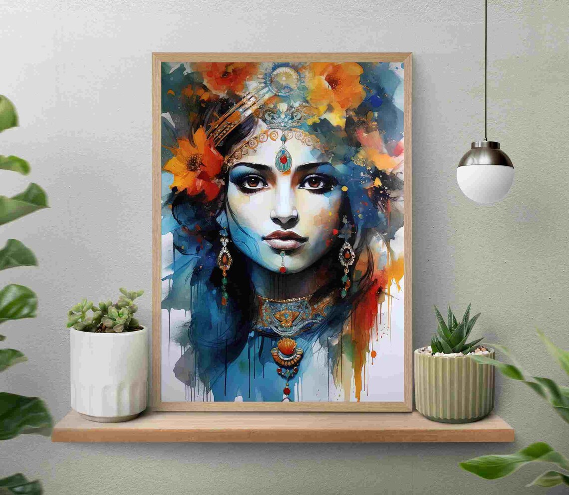Krishna Watercolor Art Print, Indian Home Decor - Image 3