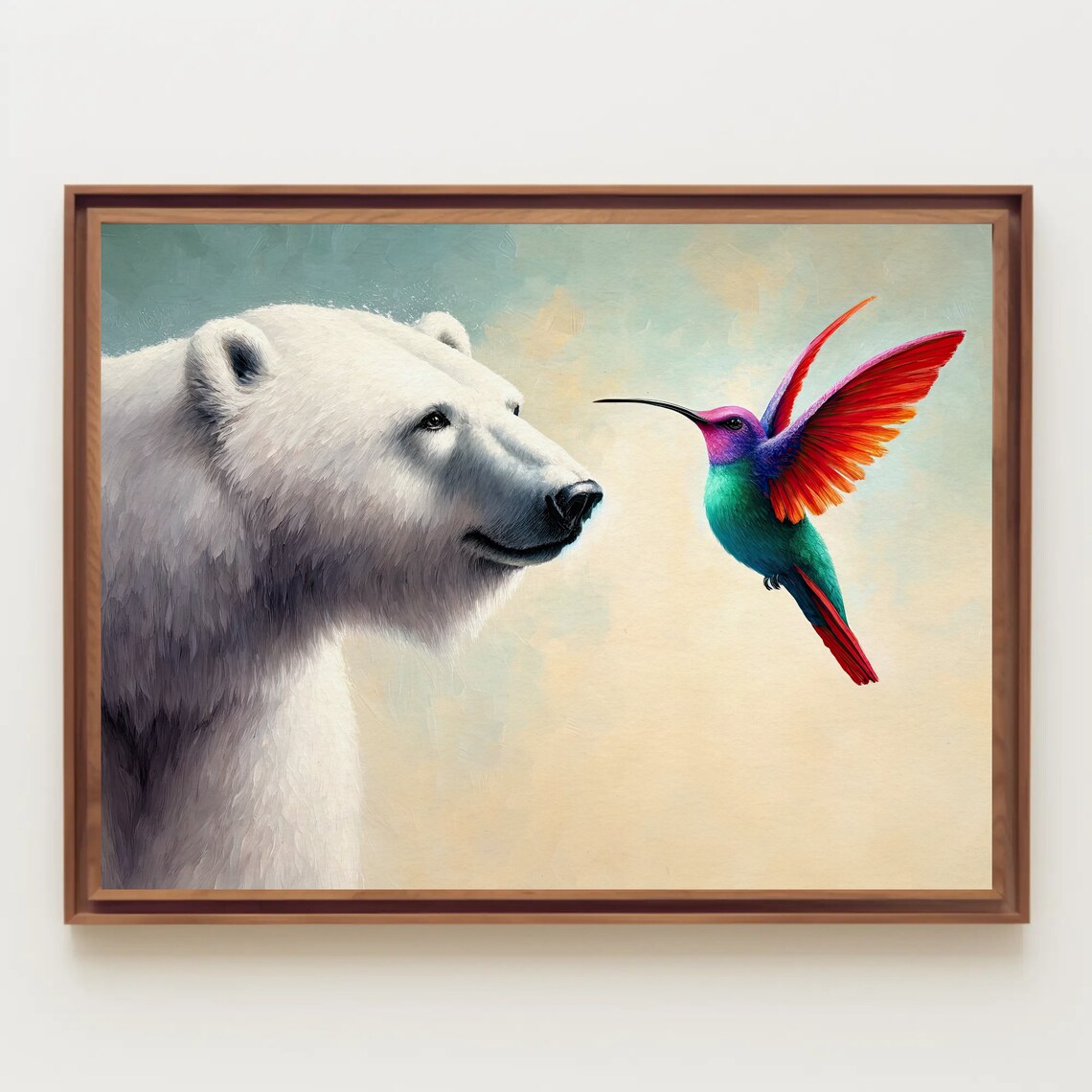 Polar Bear And Hummingbird Whimsical Wildlife Oil Painting Poster - Image 4