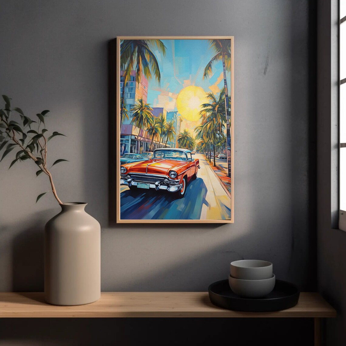 Miami Street Oil Painting With Red Classic Car Sunshine Poster - Image 2