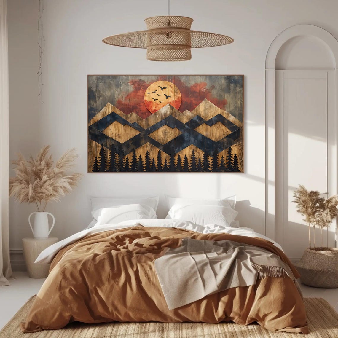 Sunset Mountain Wooden Geometric Pine Forest Landscape Poster - Image 5