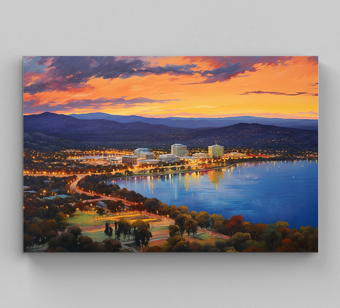 Canberra Australia Lakeside Cityscape at Sunset Oil Art Poster