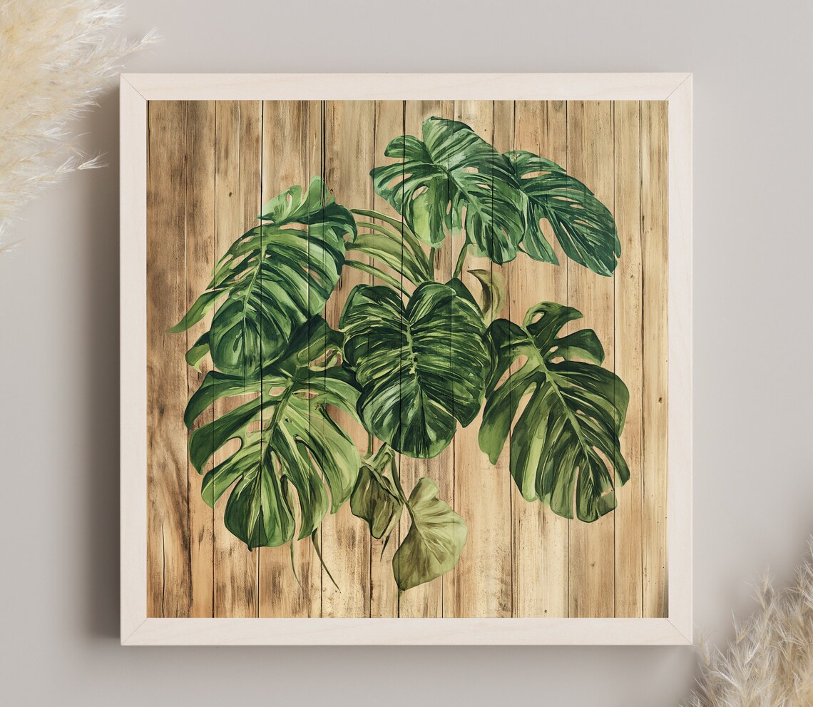Monstera Deliciosa Leaves on Rustic Wood Botanical Farmhouse Poster - Image 2