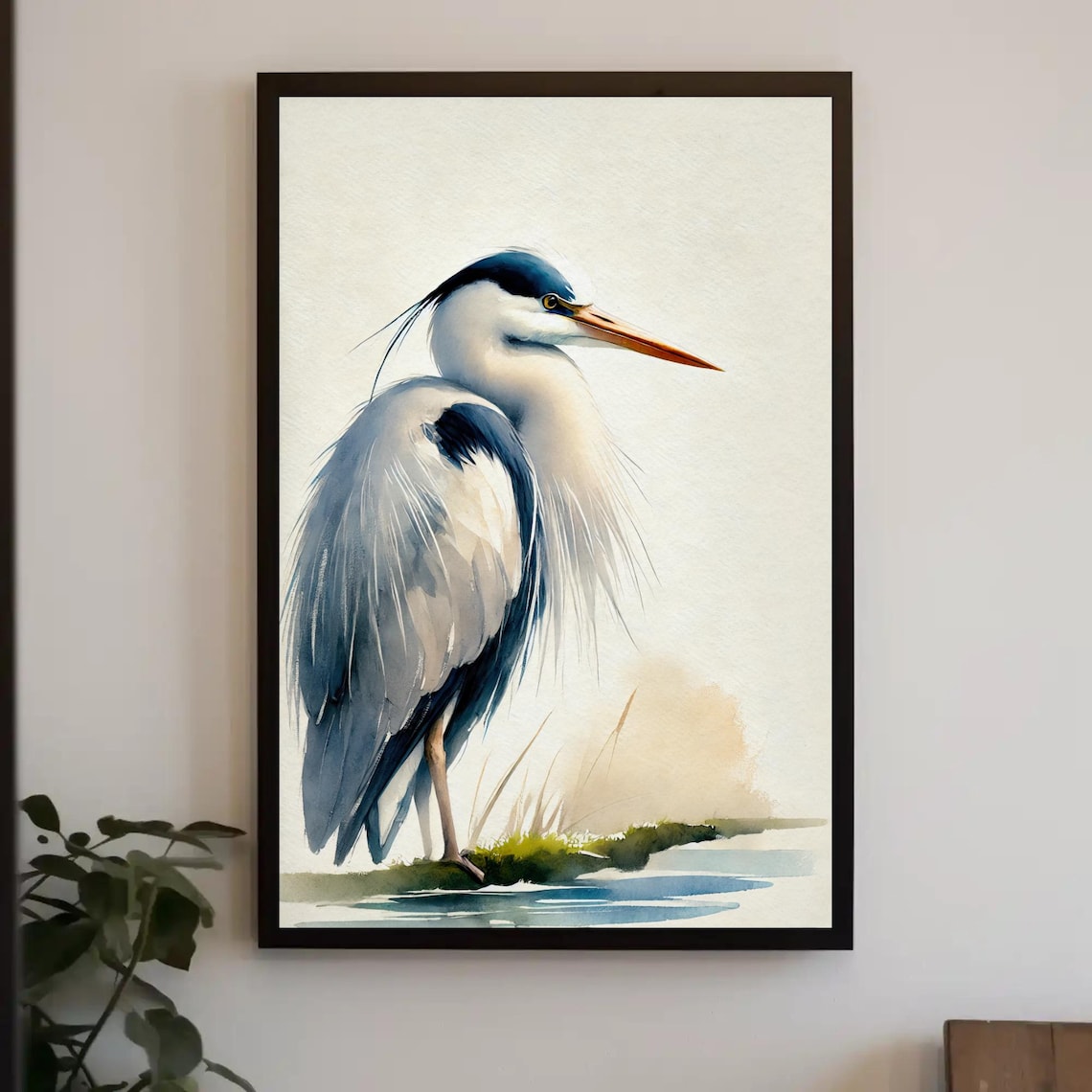 Graceful Grey Heron Watercolor Painting Elegant Coastal Bird Poster