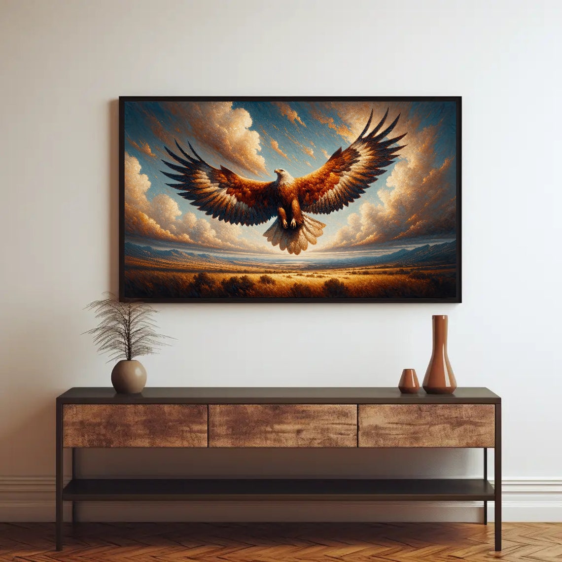 Majestic Eagle Soaring Over Golden Plains Wildlife Art Poster - Image 2