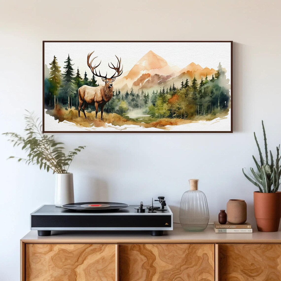 Elk in Mountain Forest Watercolor Wildlife Nature Decor Print