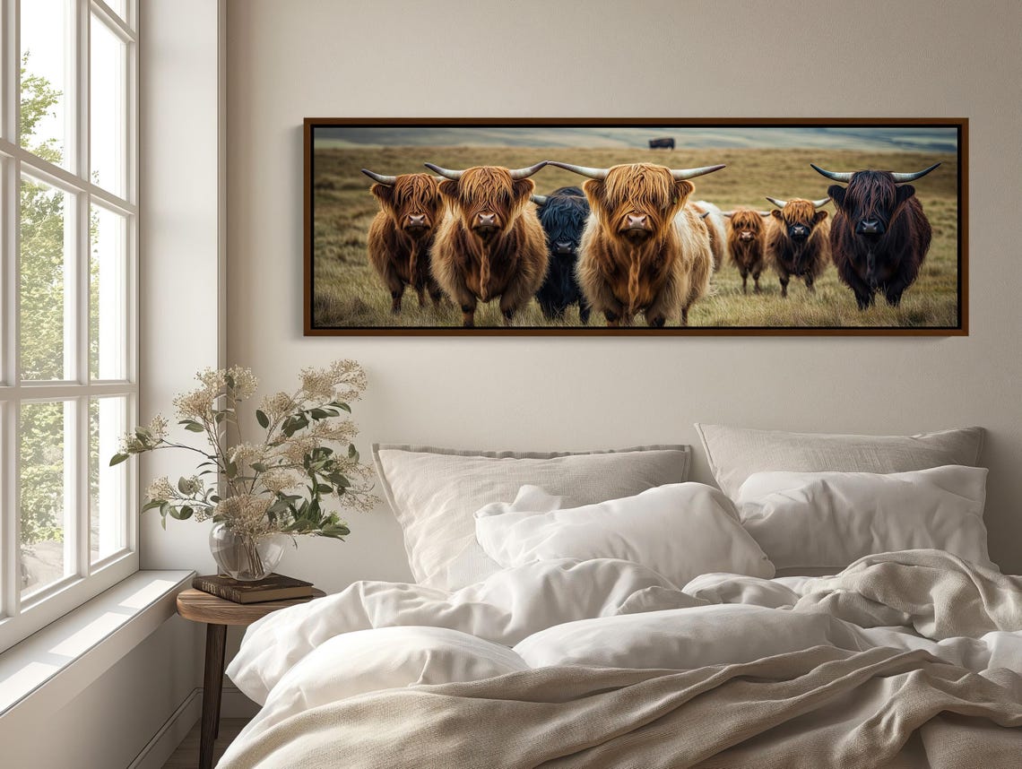 Highland Cow Herd In A Field Panoramic Wide Cattle Art Poster - Image 3
