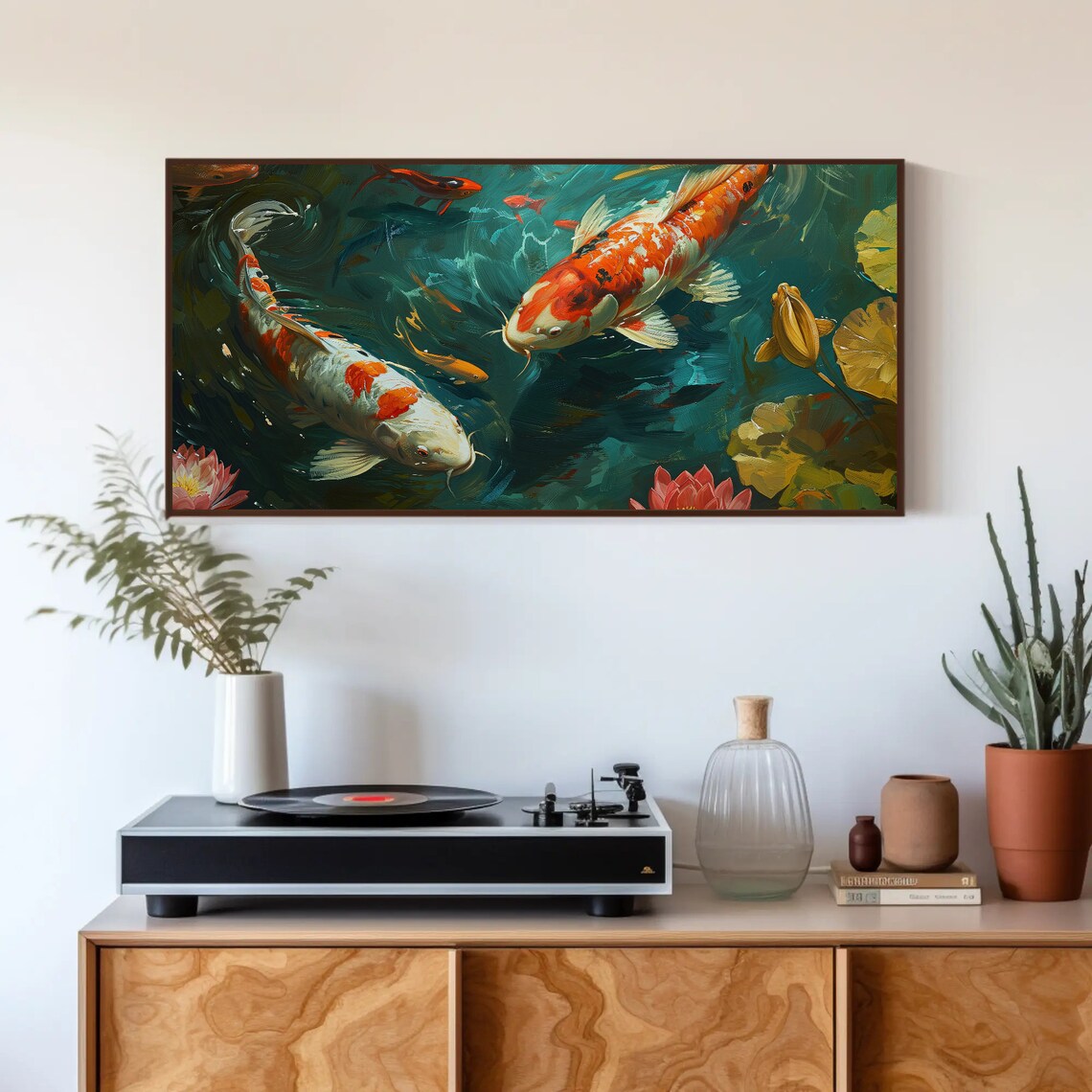 Koi Fish Swimming in Teal Pond with Lotus Flower Painting Poster - Image 4
