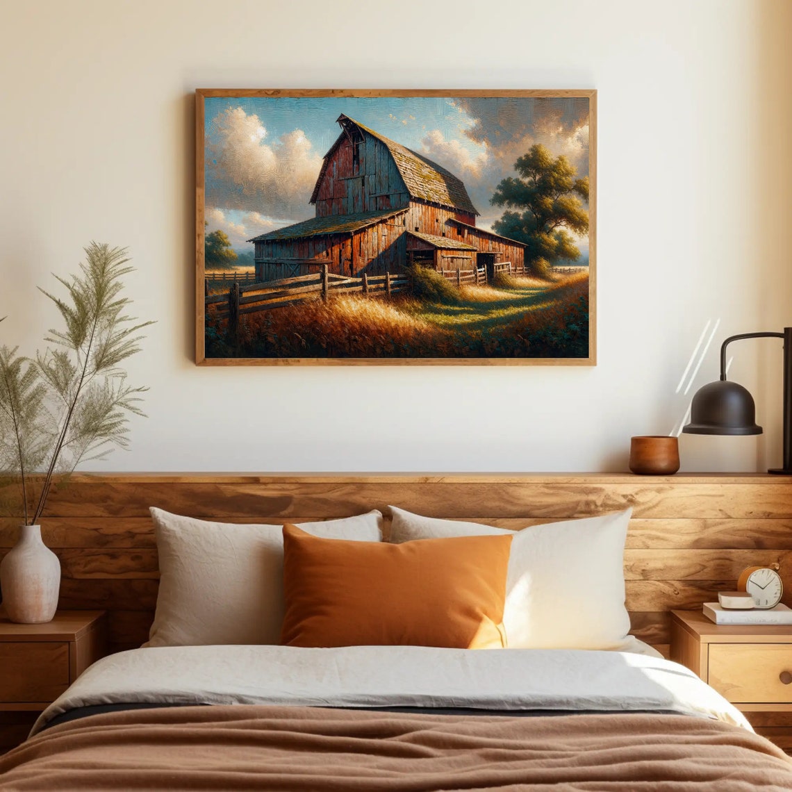 Weathered Wooden Barn In A Golden Field Rustic Farm Painting Poster - Image 2
