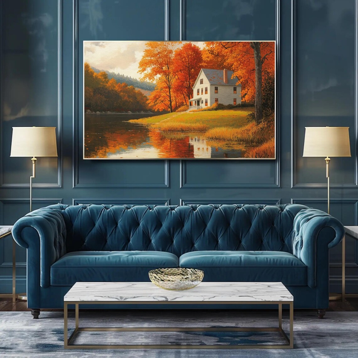 New England Farmhouse In Autumn White House By The Lake Poster - Image 3