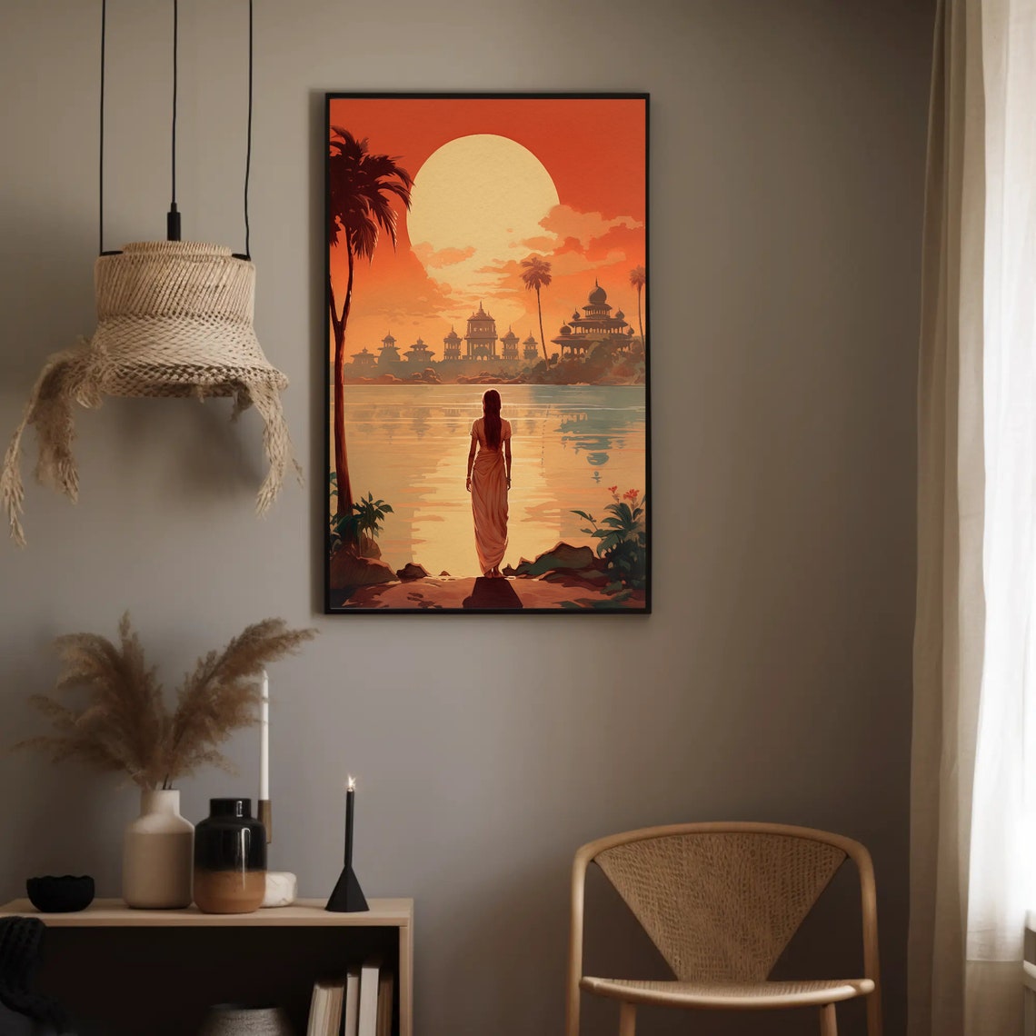 Retro Woman in Sari Viewing Lakeside Temples at Sunset Poster - Image 4