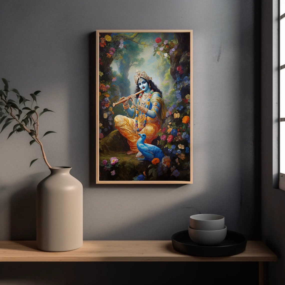 Lord Krishna Playing Flute Flower Forest Hindu God Decor Print - Image 4