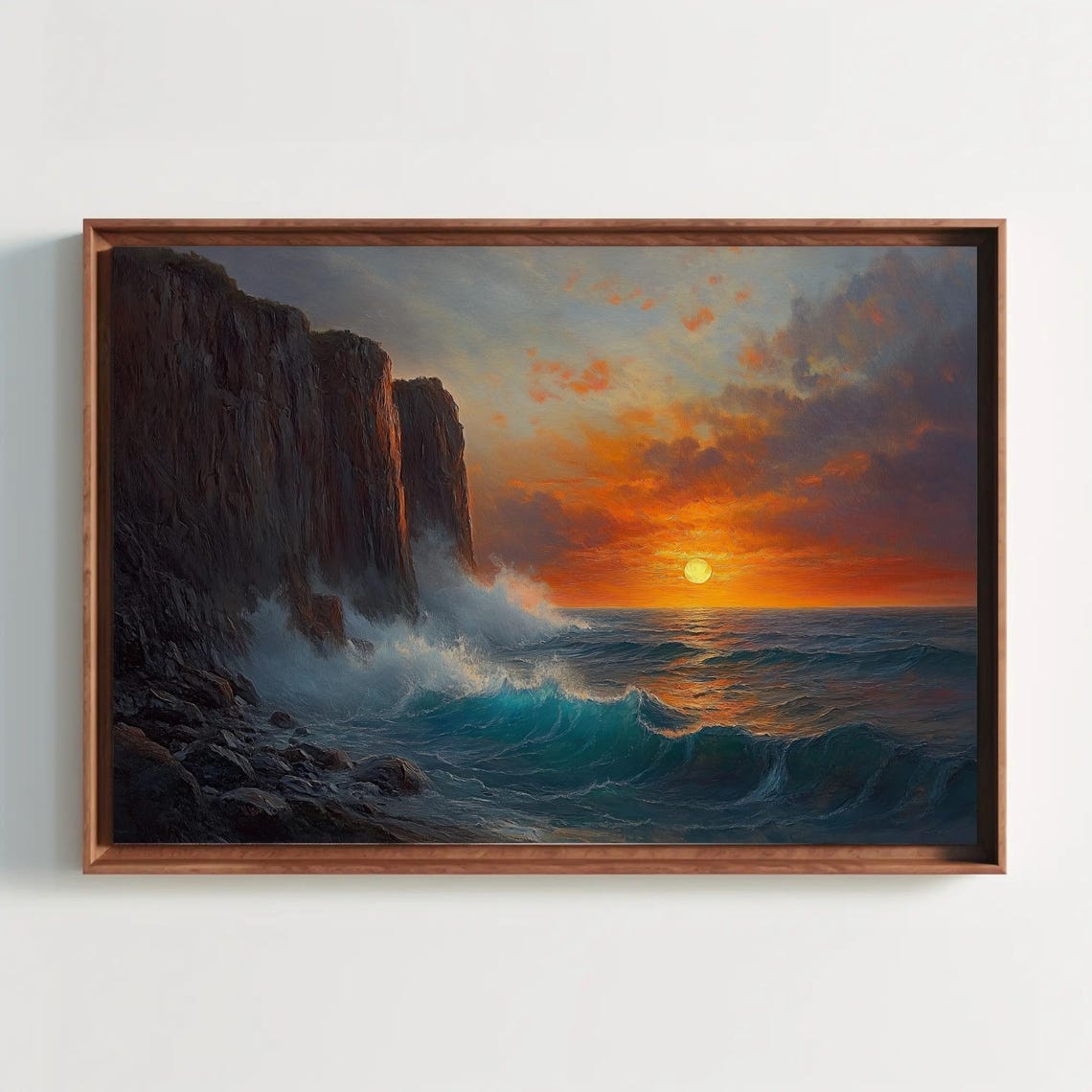 Dramatic Fiery Sunset Over Rocky Ocean Cliffs Oil Painting Poster