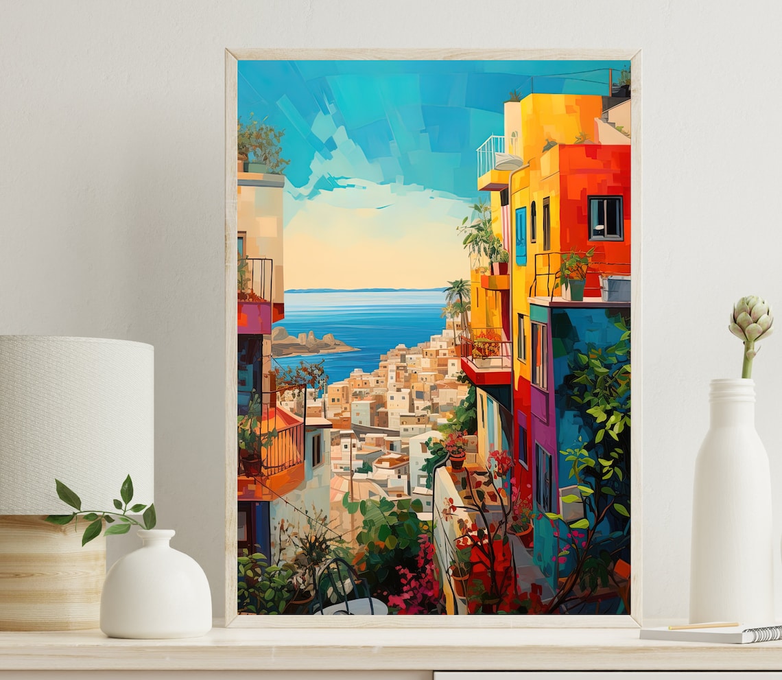 Beirut Colorful Hillside Town Mediterranean Sea View Travel Poster