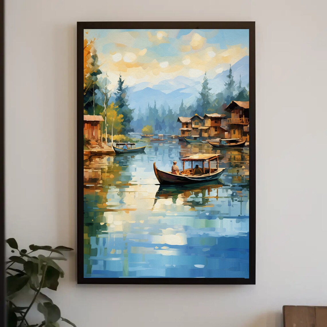 Dal Lake Kashmir Houseboats Mountain Water Reflection Painting Poster