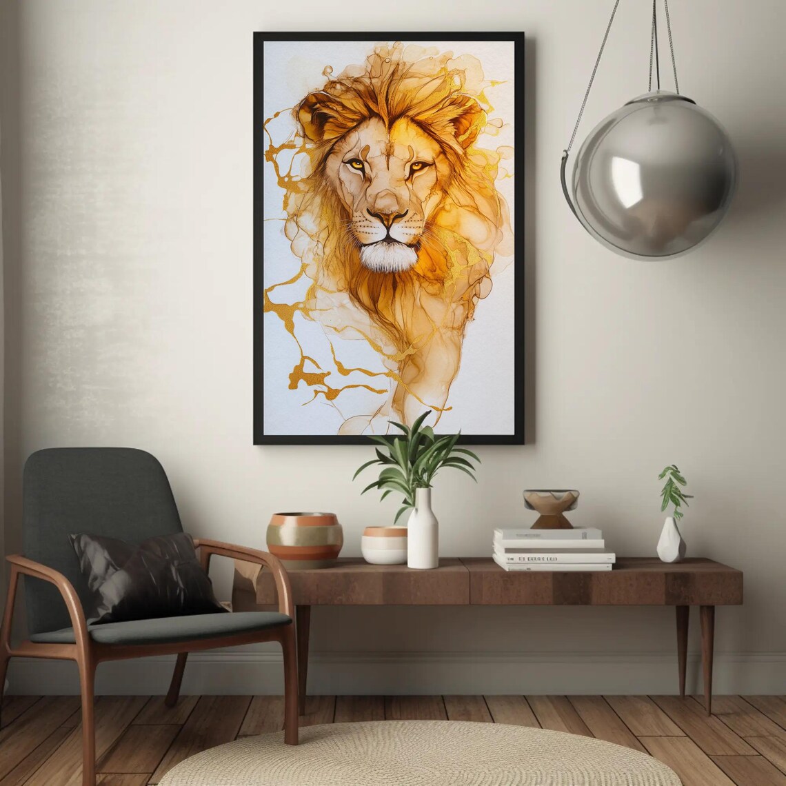 Golden Lion Alcohol Ink Splash Portrait Majestic Wildlife Art Poster - Image 4