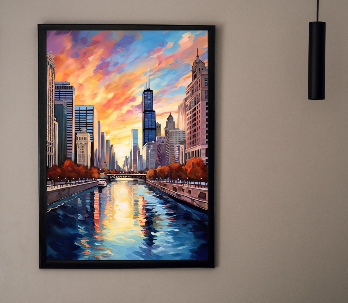 Chicago River Skyline Glowing Sunset Watercolor Style Poster - Image 4