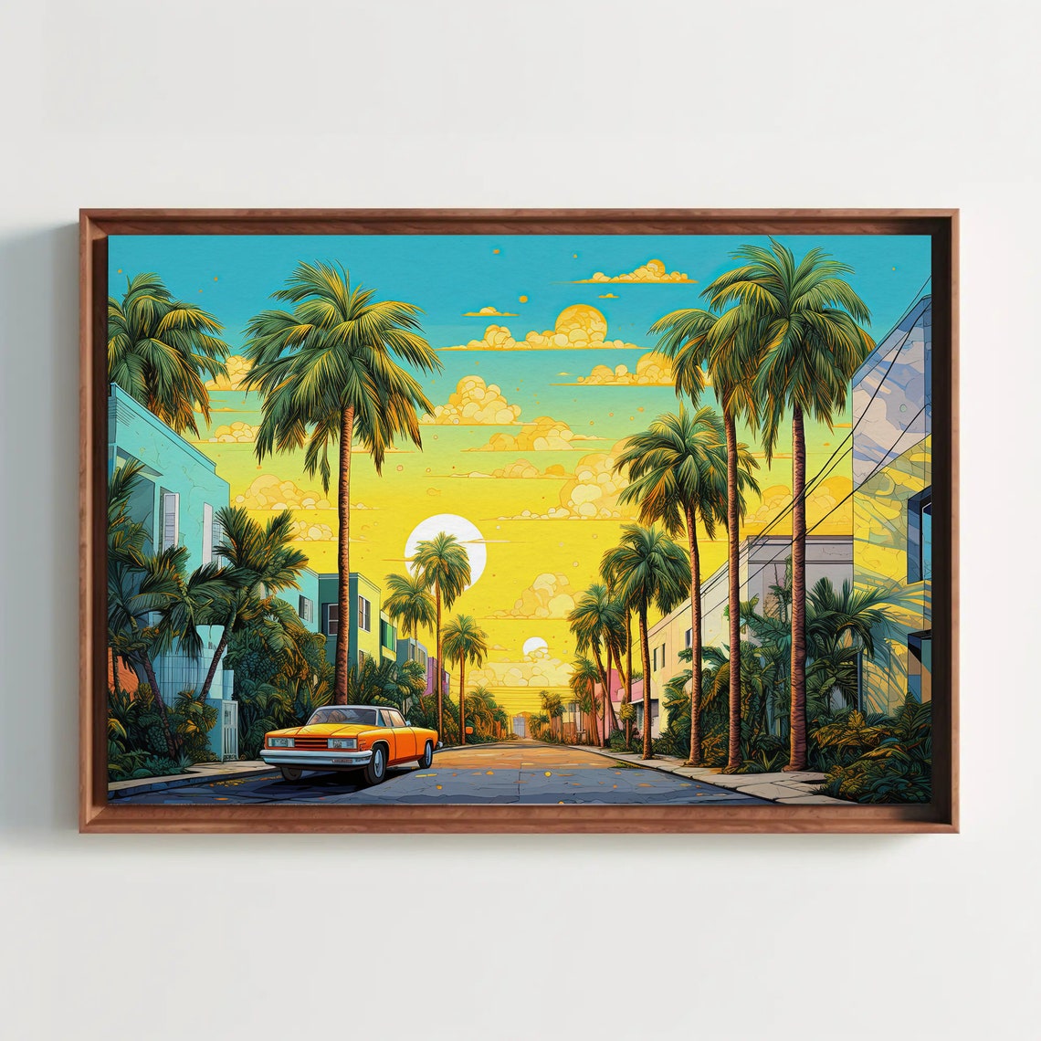 Miami Palm Street Sunset With Classic Car Retro Pop Art Poster
