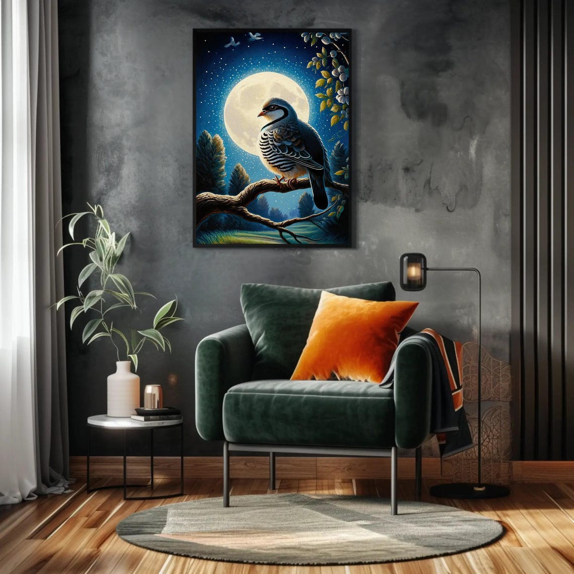 Partridge Perched On Branch Beneath Full Moon Night Sky Poster - Image 3