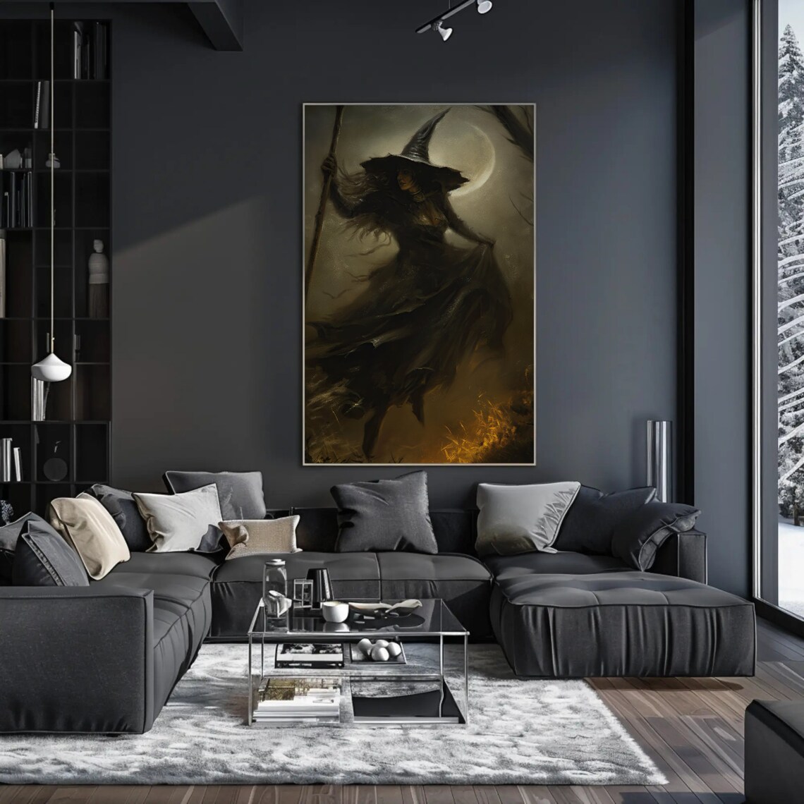 Dark Witch with Staff Under Crescent Moon Gothic Halloween Magic Poster - Image 4