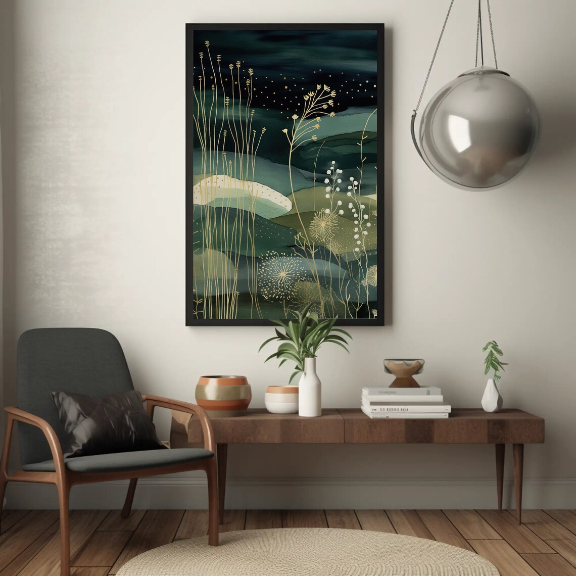 Golden Grasses Night Garden Dark Teal Botanical Artwork Poster - Image 5