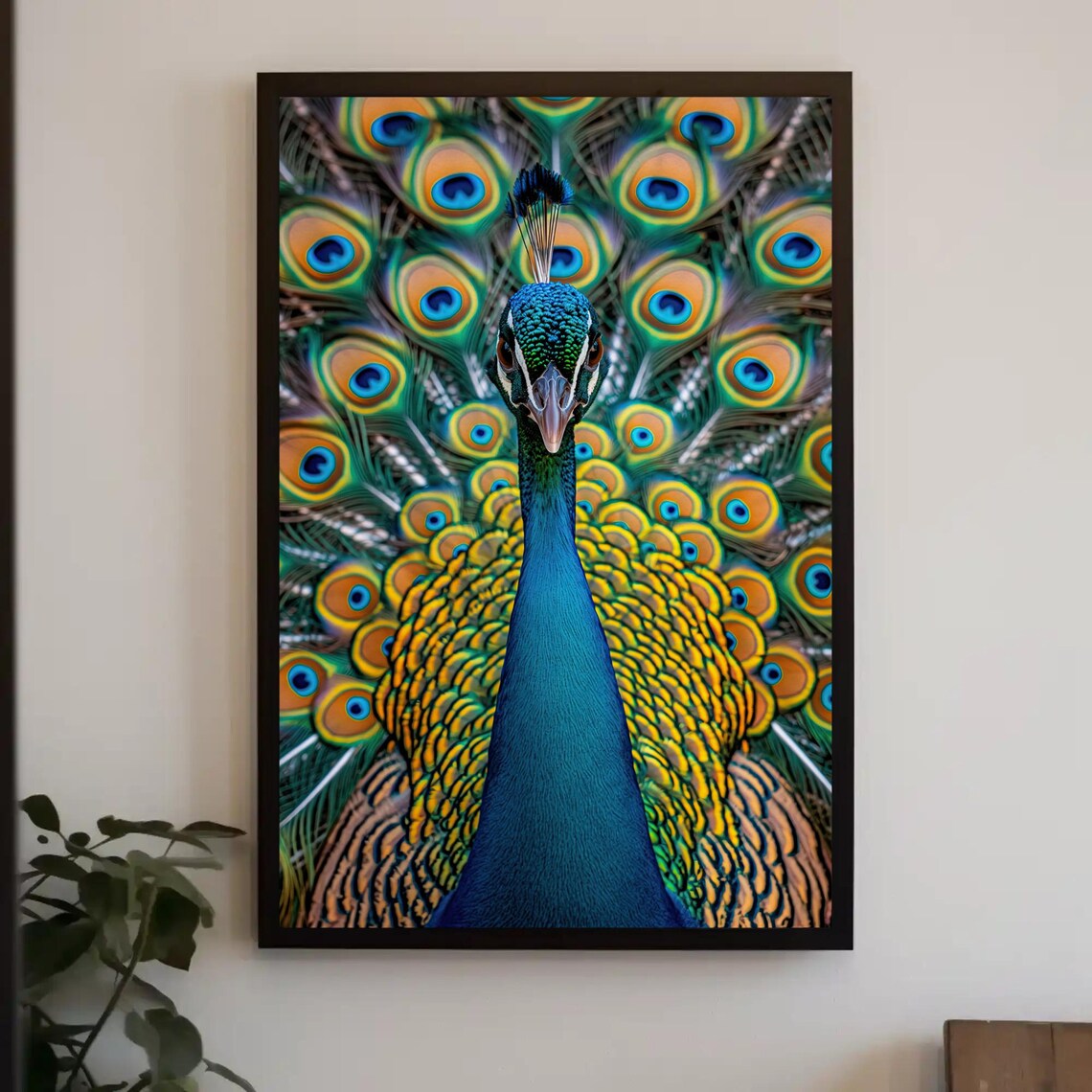 Peacock Fanned Feathers Front Portrait Vivid Wildlife Poster
