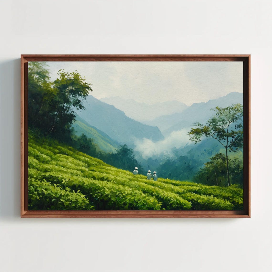 Lush Green Tea Plantations Misty Mountain Pickers Painting Poster