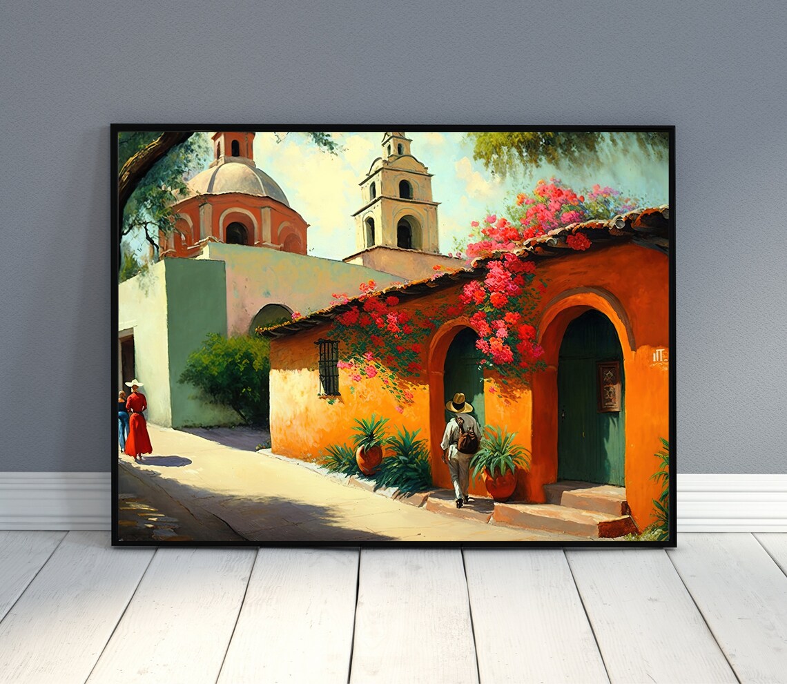 Mexican Village Landscape Art Print, Vibrant Decor - Image 4