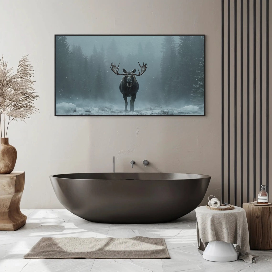 Majestic Moose Standing Alone in a Dark Snowy Winter Forest Poster - Image 2