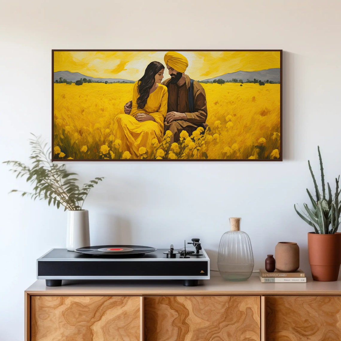 Punjabi Couple in Mustard Field Sunset Romantic India Art Print - Image 5