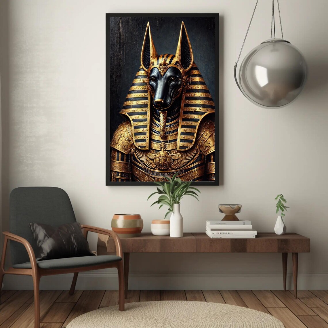 Golden Anubis Portrait with Striped Pharaonic Headdress on Black Poster - Image 4