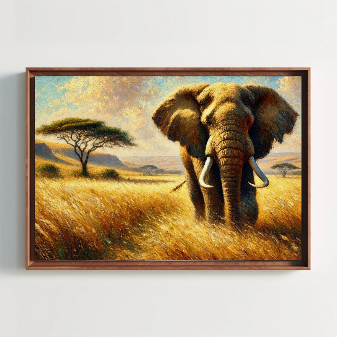 Majestic Elephant In A Golden Grassland Print Wildlife Oil Painting Rustic African Wall Art Living Room Bedroom Ready To Hang