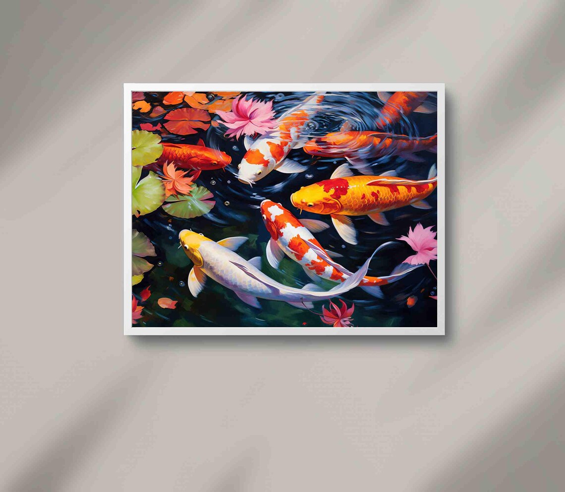 Colorful Koi Fish Pond Oil Painting Art Print - Image 3