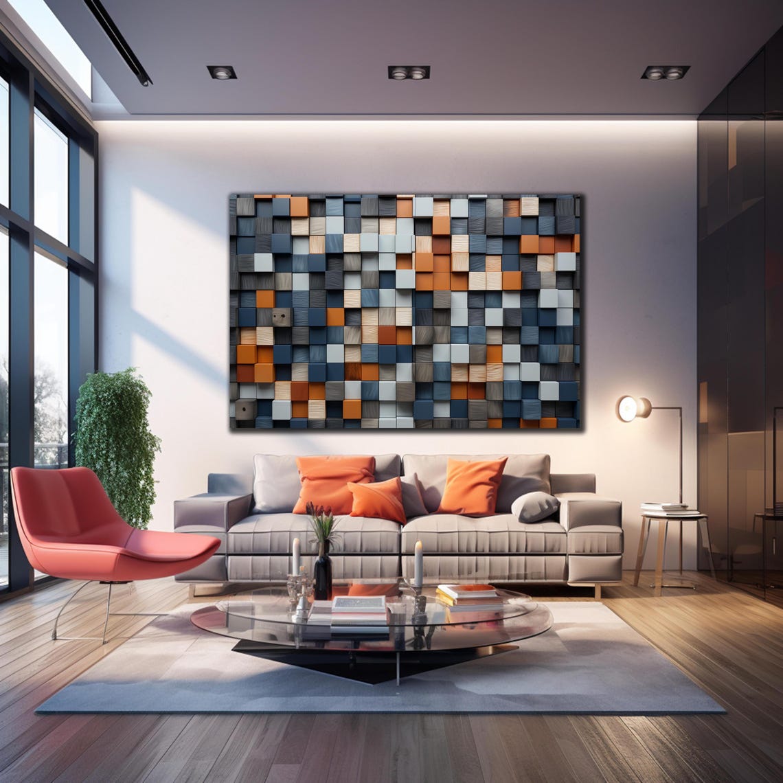 Gray Orange Navy Blue 3D Wooden Cube Block Geometric Wall Art - Image 3