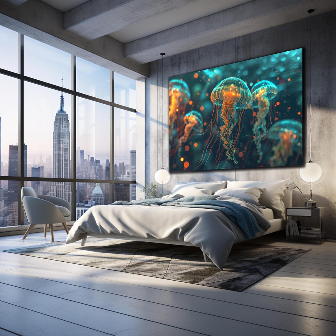 Glowing Jellyfish Swarm Teal and Amber Deep Ocean Night Print - Image 2