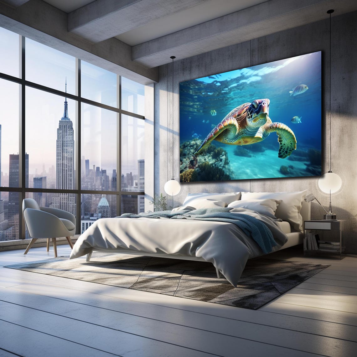 Sea Turtle Gliding Over Coral Reef Fish Turquoise Ocean Wall Art - Image 2