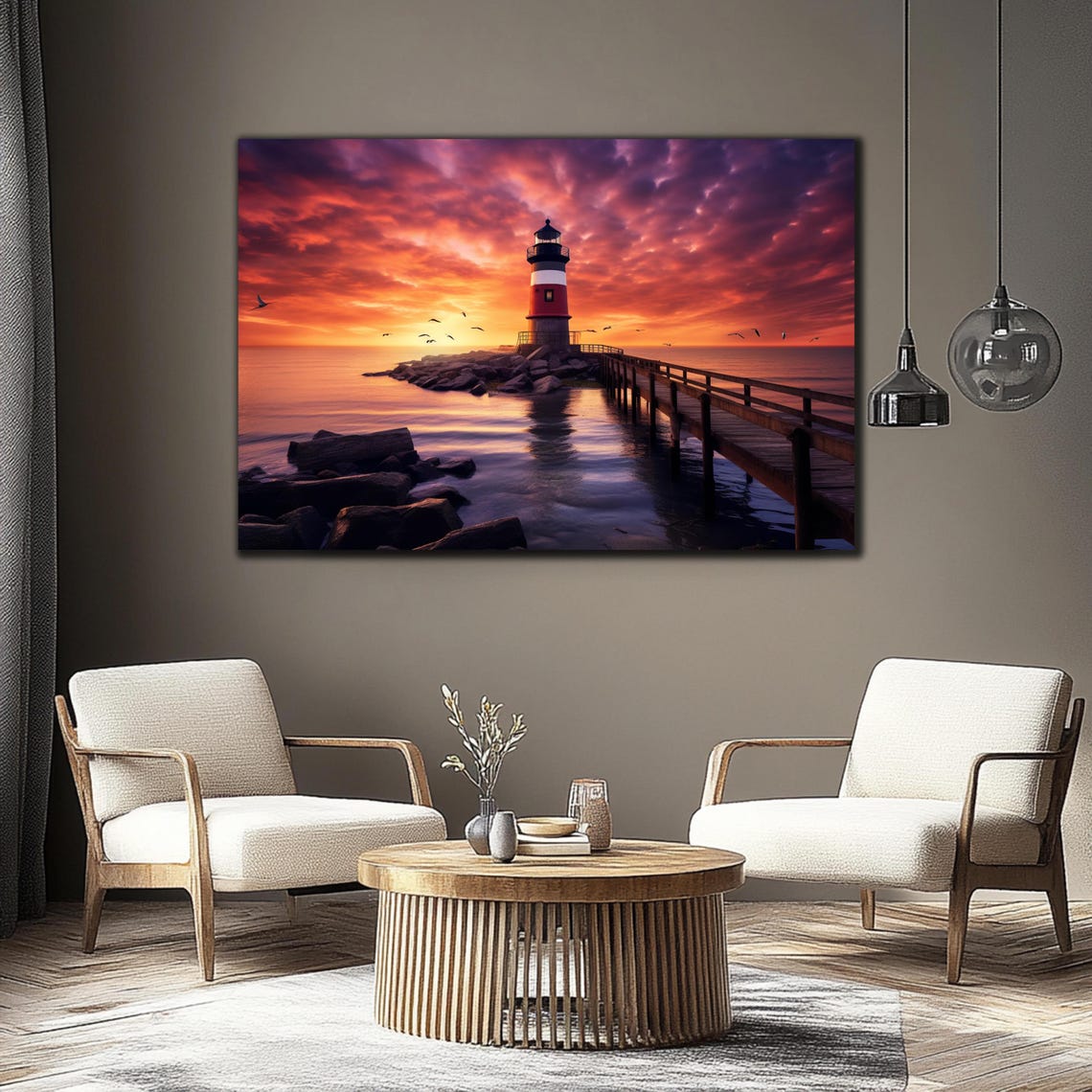 Lighthouse Sunset Red White Pier Dramatic Pink Clouds Ocean Poster - Image 3