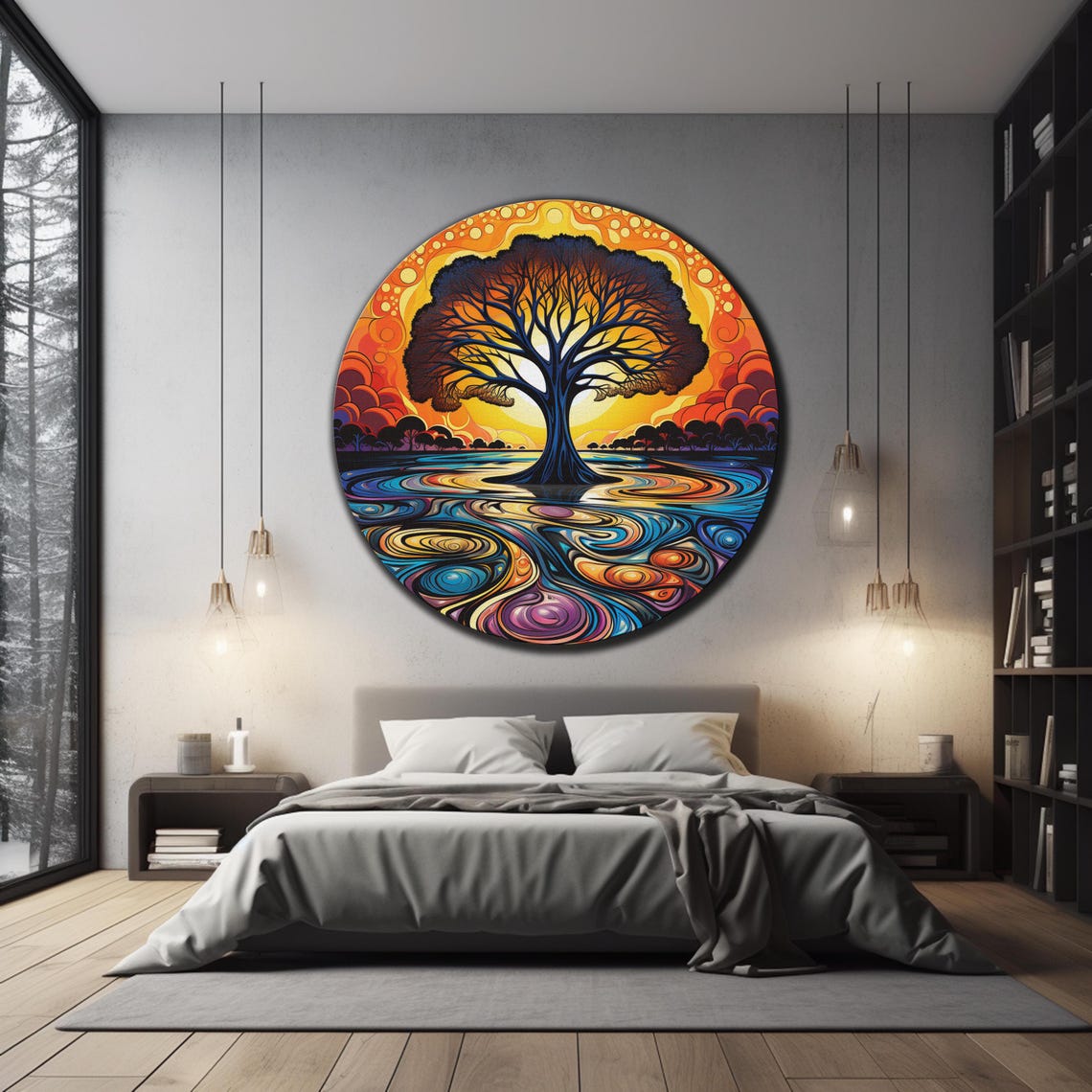 Psychedelic Tree Of Life Sunset Swirl Abstract Colorful Round Wall Art - Image 3